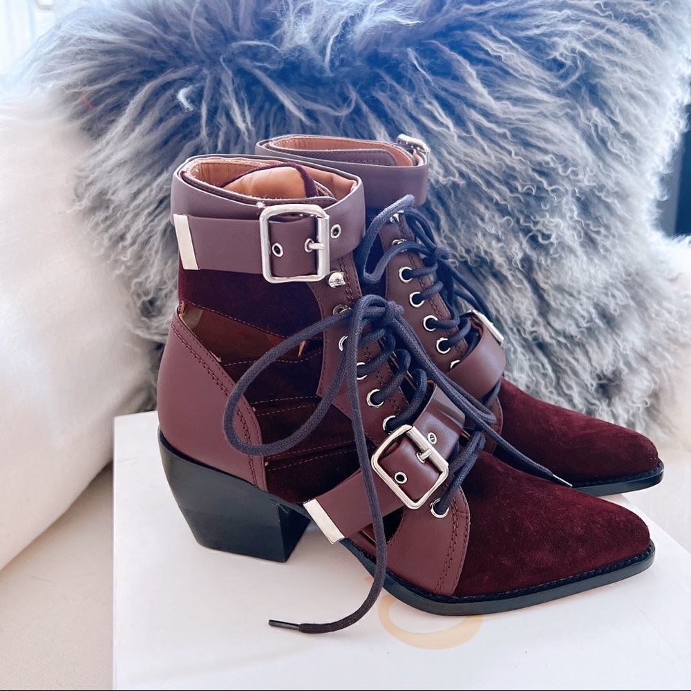 Chloe Rylee suede leather ankle boots deep purple